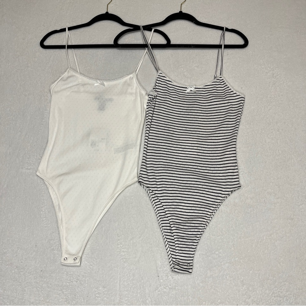 Forever 21 Juniors Pointelle Knit Bodysuit Bundle Small White & Stripes NWT